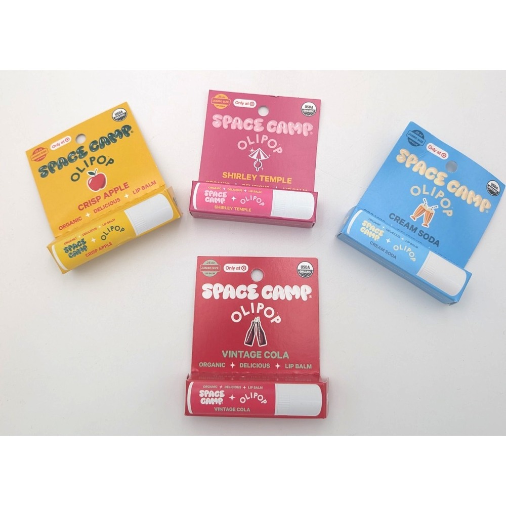 4 Space Camp Olipop Vintage Cola & Cream Soda & Crisp Apple Organic Lip Balm